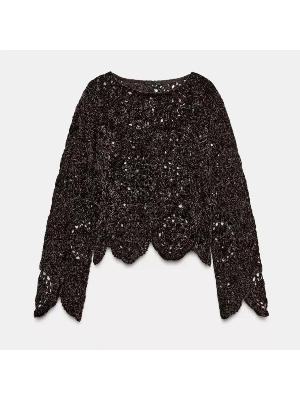 Zara NWT brown knit crochet hollow see through long sleeve top